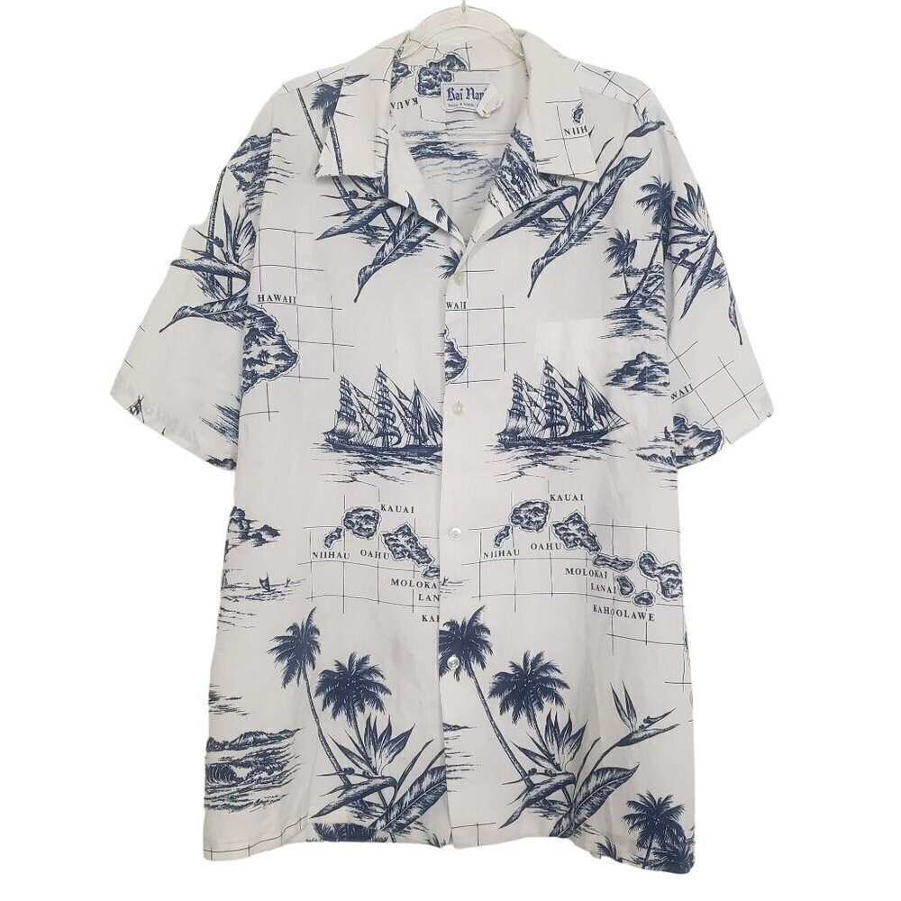 Vintage Hawaiian Shirt Mens Size XL Ship Island Aloha Casual Nautical Rai Nani